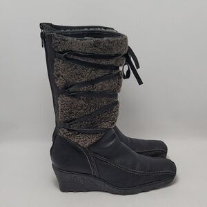 Jack & Lucky Womens Leather Fur Lace Up Back Zipper Low Wedge Tall Boots Size 39